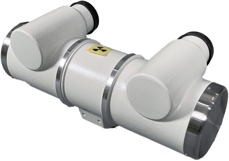iwa-tu01-main-2026 LQ16-XD51-20.40/125 rotating anode X-ray tube assembly - three-quarter view with radiation warning label and both high-voltage receptacles