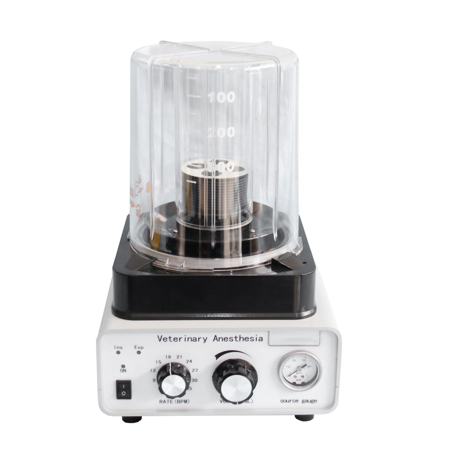 iwa-va60-front-2026 VA60 veterinary anesthesia ventilator - bellows assembly with dual tidal volume scale, respiratory rate dial and driving gas source gauge