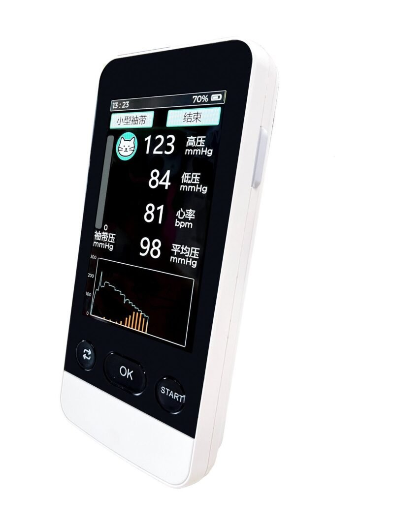 v-e4d-angle.jpg V-E4D blood pressure monitor angled view showing the slim handheld body and START, OK and mode keys