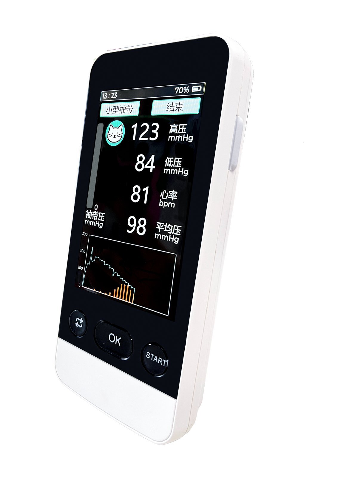 V-E4D blood pressure monitor angled view showing the slim handheld body and START, OK and mode keys
