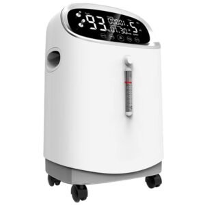 v-y501w-hero.jpg V-Y501W 5L veterinary oxygen concentrator - large display showing oxygen purity, cumulative runtime and flow, with front flowmeter and casters
