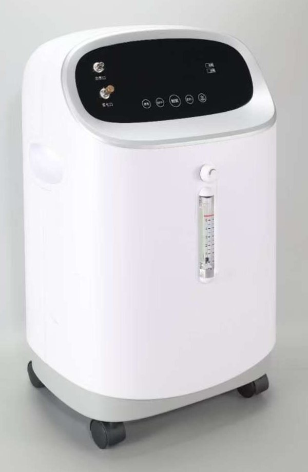 V-Y501W oxygen concentrator - side view showing recessed carry handle and flowmeter