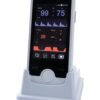 VE4 handheld veterinary vital signs monitor in its charging base, 4-inch touch screen showing SpO2, pulse rate and ETCO2 readings