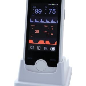 ve4-hero.jpg VE4 handheld veterinary vital signs monitor in its charging base, 4-inch touch screen showing SpO2, pulse rate and ETCO2 readings