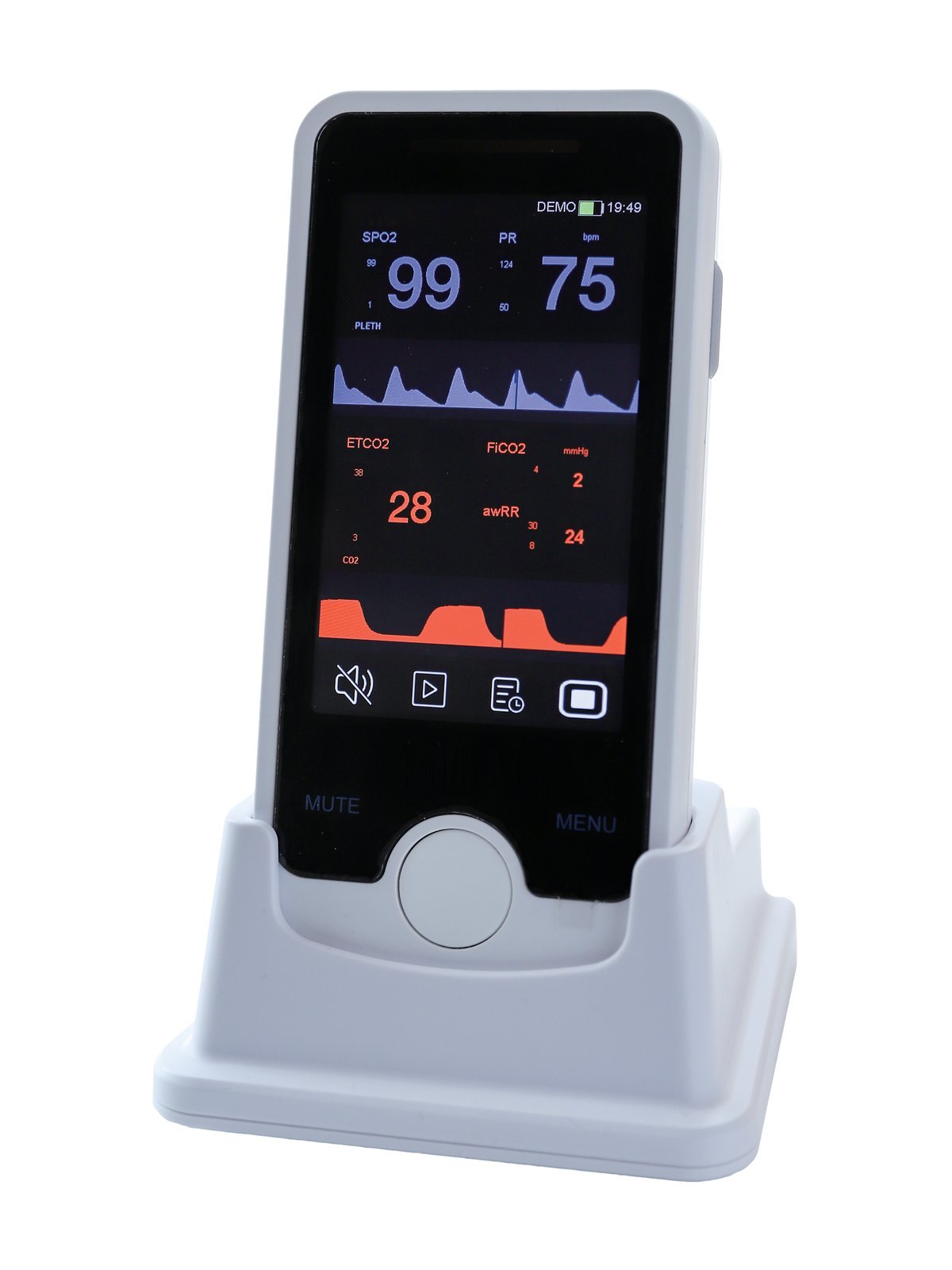 VE4 handheld veterinary vital signs monitor in its charging base, 4-inch touch screen showing SpO2, pulse rate and ETCO2 readings