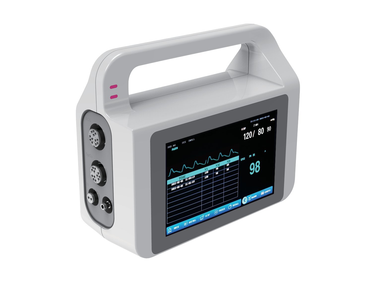 VE5 vital signs monitor - angled view showing the side-panel sensor connectors and carrying handle