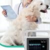 VE5 vital signs monitor on the examination table beside a canine patient in a veterinary consulting room