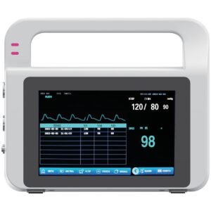 ve5-hero.jpg VE5 veterinary vital signs monitor - front view of the touch screen showing NIBP, SpO2 and pulse rate readings with an integrated carrying handle