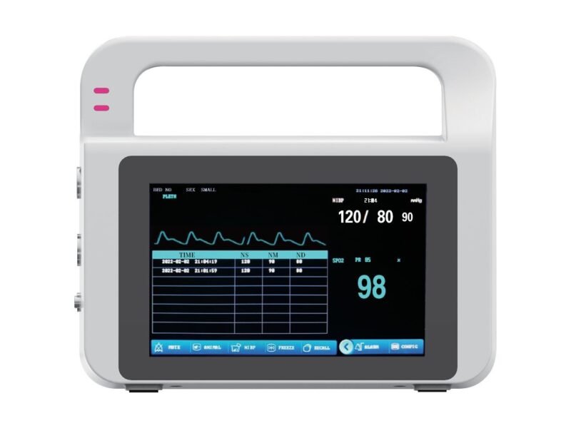 VE5 veterinary vital signs monitor - front view of the touch screen showing NIBP, SpO2 and pulse rate readings with an integrated carrying handle