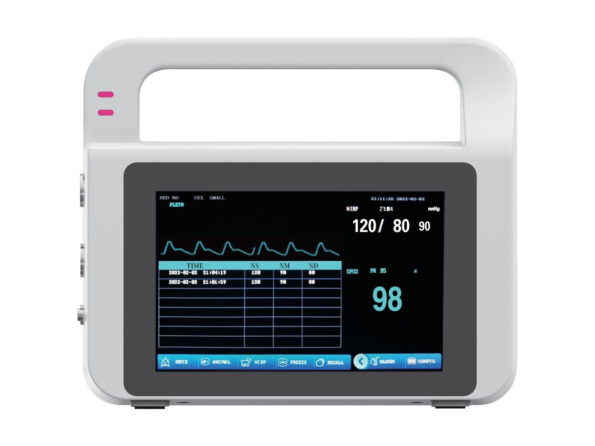 VE5 veterinary vital signs monitor - front view of the touch screen showing NIBP, SpO2 and pulse rate readings with an integrated carrying handle