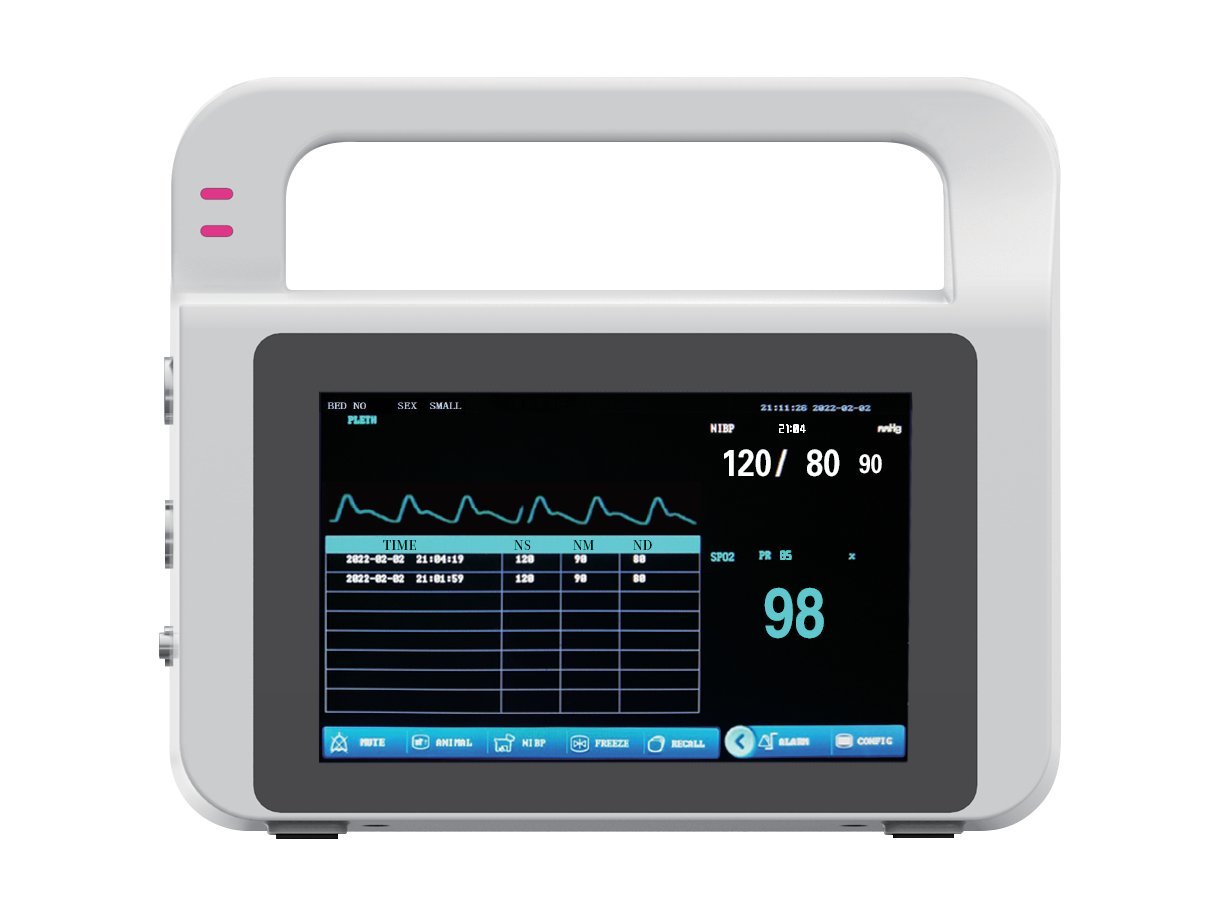 VE5 veterinary vital signs monitor - front view of the touch screen showing NIBP, SpO2 and pulse rate readings with an integrated carrying handle