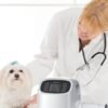VHB forced-air warming unit on the examination table beside a canine patient and veterinarian
