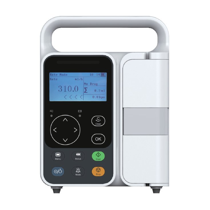VI3 veterinary infusion pump - front view with carry handle, 3.0-inch backlit display, navigation keypad and infusion set door