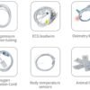 VM12 veterinary monitor accessories: NIBP extension tubing, ECG lead cable, SpO2 probes, SpO2 extension cable, temperature sensor and animal cuffs