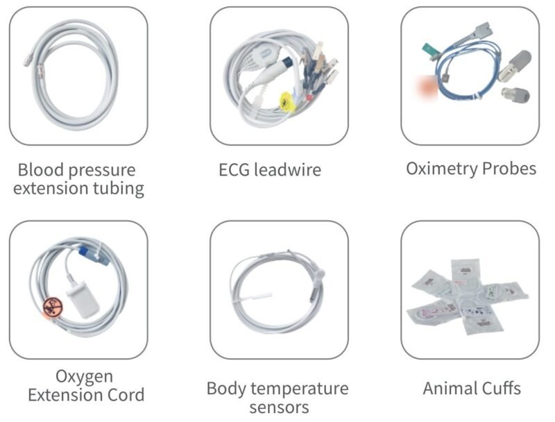 VM12 veterinary monitor accessories: NIBP extension tubing, ECG lead cable, SpO2 probes, SpO2 extension cable, temperature sensor and animal cuffs
