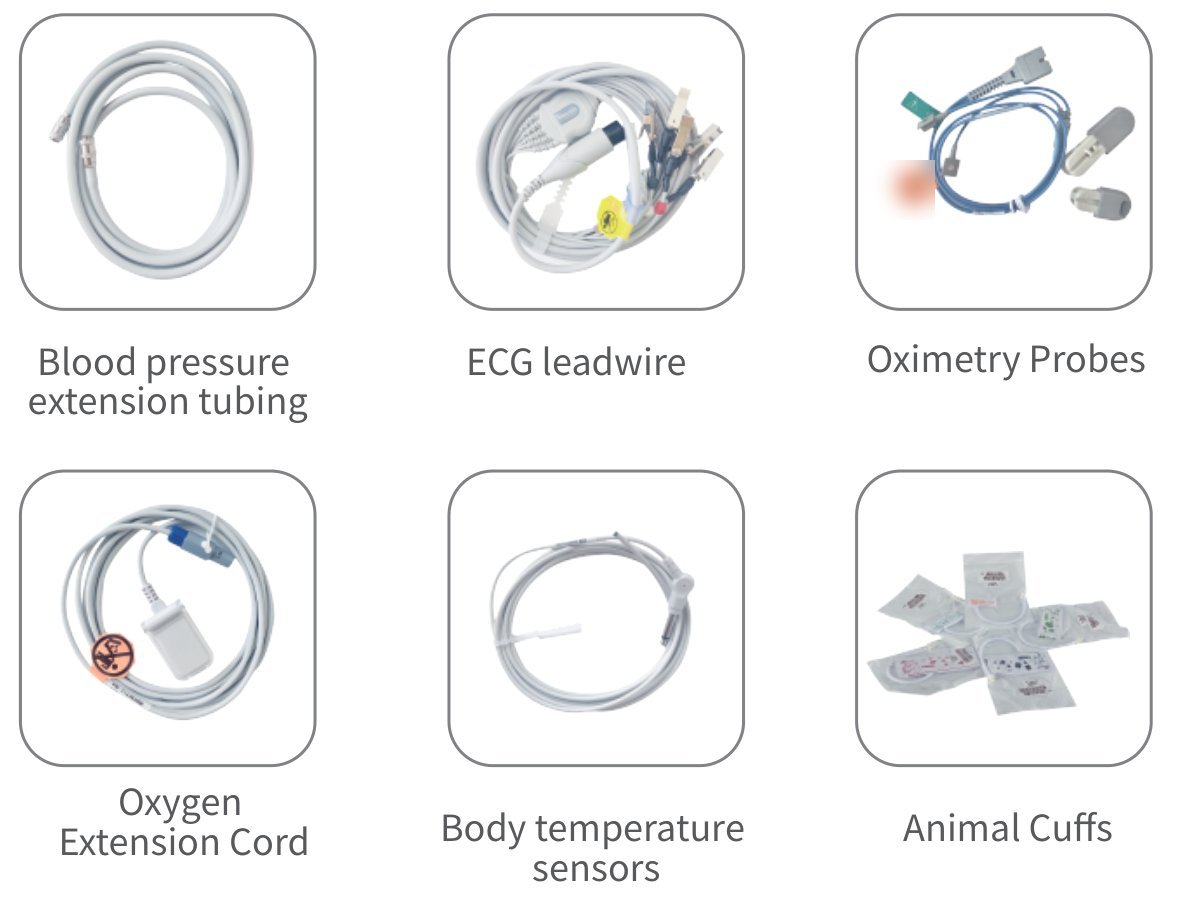 VM12 veterinary monitor accessories: NIBP extension tubing, ECG lead cable, SpO2 probes, SpO2 extension cable, temperature sensor and animal cuffs