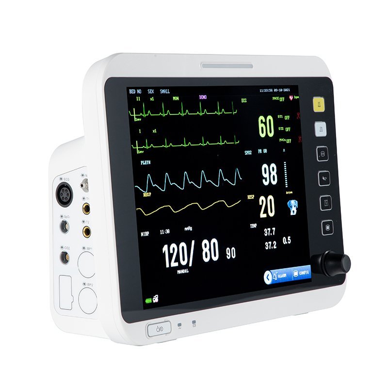 VM12 veterinary monitor, angled view showing side-panel sensor connectors for ECG, SpO2, temperature, CO2 and IBP