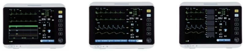 VM12 veterinary monitor display modes: oxyCRG, standard waveform and trend views