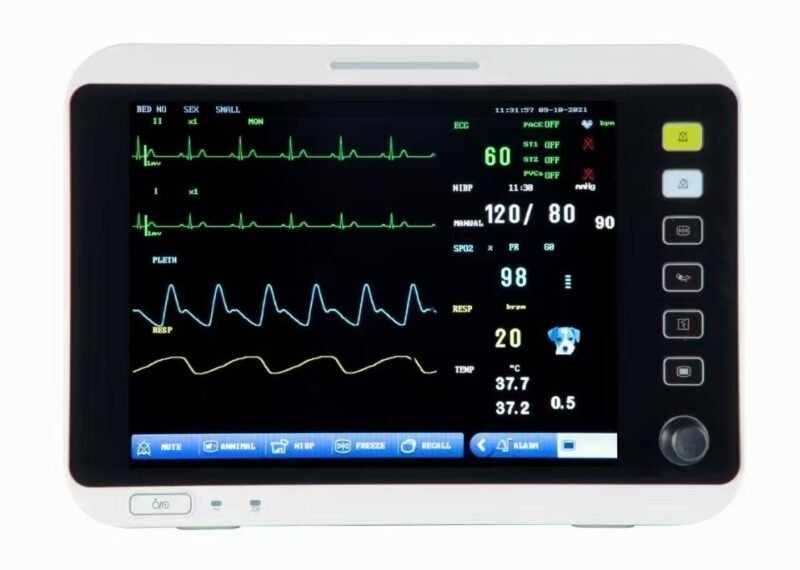 VM12 12.1-inch veterinary multi-parameter monitor, front view showing ECG, SpO2, NIBP, respiration and temperature readings