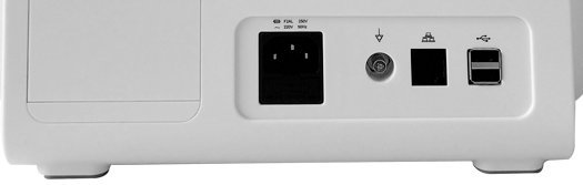 VM12 veterinary monitor rear panel with AC power inlet, equipotential grounding terminal, network port and USB ports