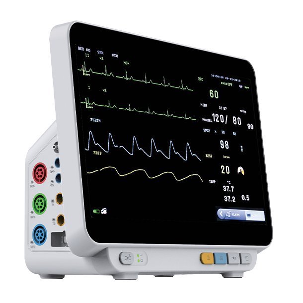 VM14Pro veterinary monitor, angled view showing color-coded side-panel connectors for ECG, SpO2, NIBP, temperature and CO2