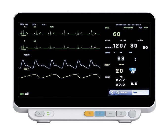 VM14Pro 14-inch veterinary multi-parameter monitor, front view with ECG, pleth and respiration waveforms and numeric panel