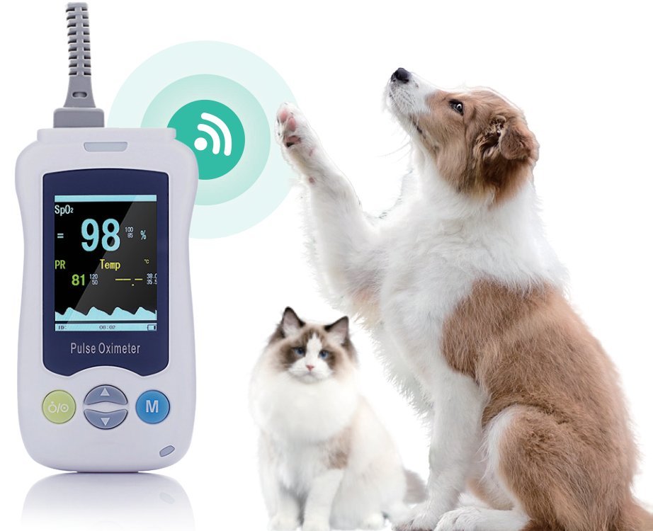 VM2 handheld pulse oximeter shown with canine and feline patients