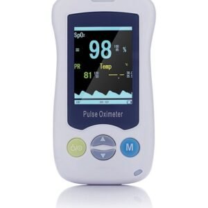 vm2-hero.jpg VM2 2.4-inch veterinary handheld pulse oximeter - front view showing SpO2, pulse rate, temperature and plethysmogram with three-key control