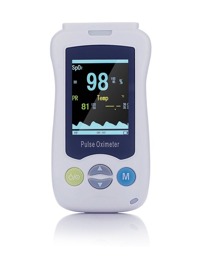 VM2 2.4-inch veterinary handheld pulse oximeter - front view showing SpO2, pulse rate, temperature and plethysmogram with three-key control