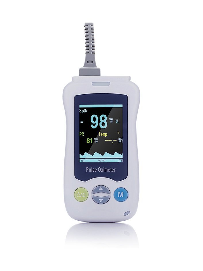 VM2 handheld pulse oximeter with the SpO2 sensor cable connected at the top port