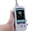 VM4 4-inch veterinary handheld pulse oximeter held in the hand, large display showing SpO2, pulse rate, temperature and plethysmogram
