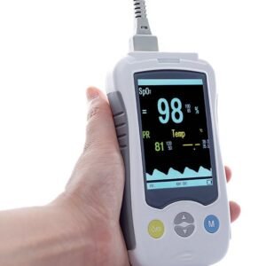 vm4-hero.jpg VM4 4-inch veterinary handheld pulse oximeter held in the hand, large display showing SpO2, pulse rate, temperature and plethysmogram