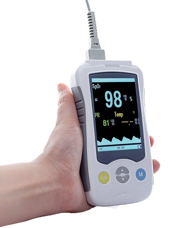 VM4 4-inch veterinary handheld pulse oximeter held in the hand, large display showing SpO2, pulse rate, temperature and plethysmogram