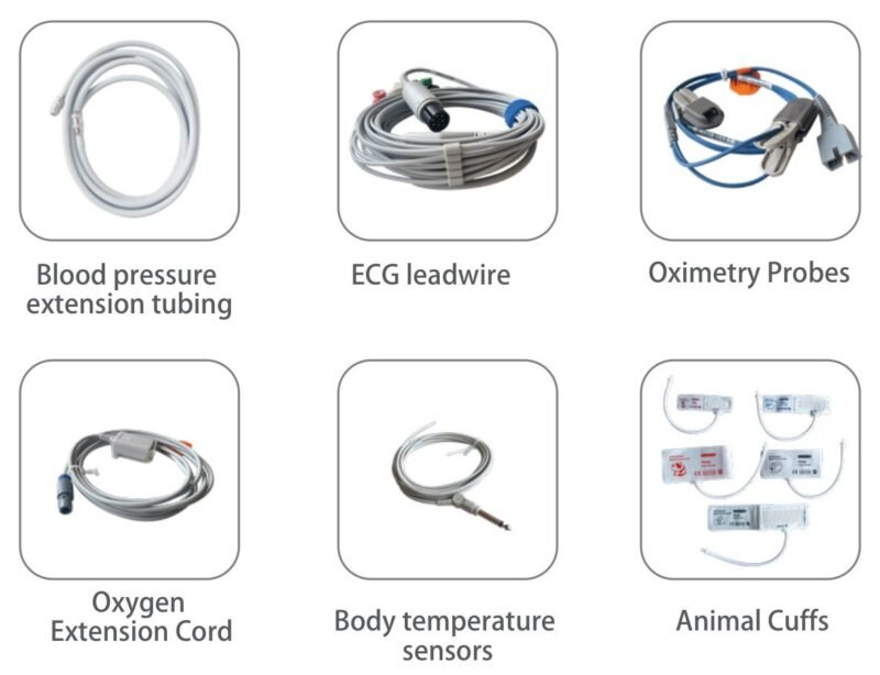 vm9-accessories.jpg VM9 veterinary monitor accessories: NIBP extension tubing, ECG lead cable, SpO2 probes, SpO2 extension cable, temperature sensor and animal cuffs