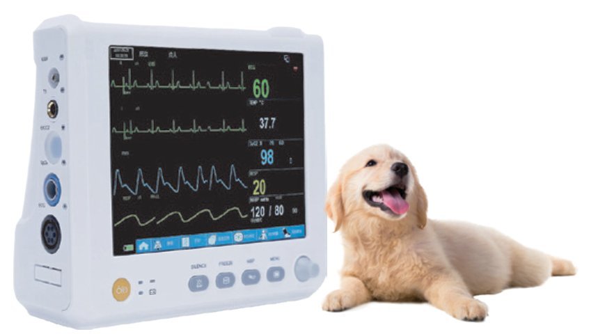 VM9 compact veterinary monitor shown beside a canine patient for scale