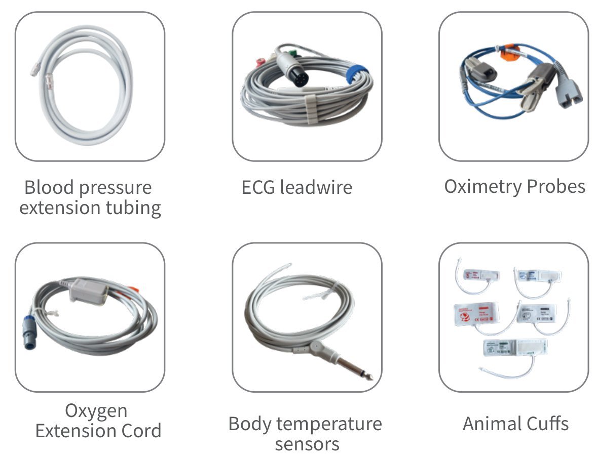 VP12 veterinary monitor accessories: NIBP extension tubing, ECG lead cable, SpO2 probes, SpO2 extension cable, temperature sensor and animal cuffs