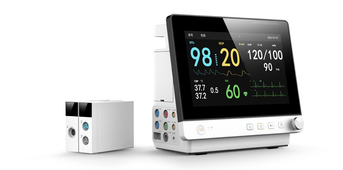 VP12 veterinary monitor with plug-in parameter module box for CO2 and dual IBP beside the main unit