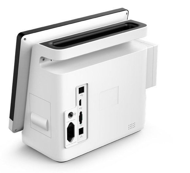 VP12 veterinary monitor rear view showing carry handle, recorder bay, USB, video output, network, grounding and AC power connectors