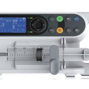 VSP1 veterinary syringe pump - front view with 3.2-inch display, keypad, syringe clamp and plunger driver holding a loaded syringe