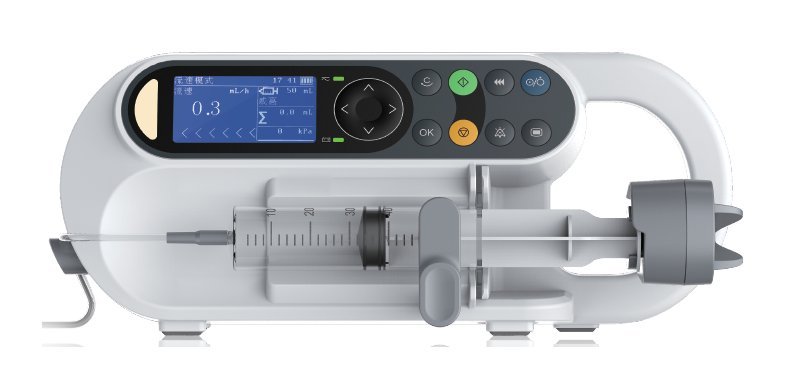 VSP1 veterinary syringe pump - front view with 3.2-inch display, keypad, syringe clamp and plunger driver holding a loaded syringe